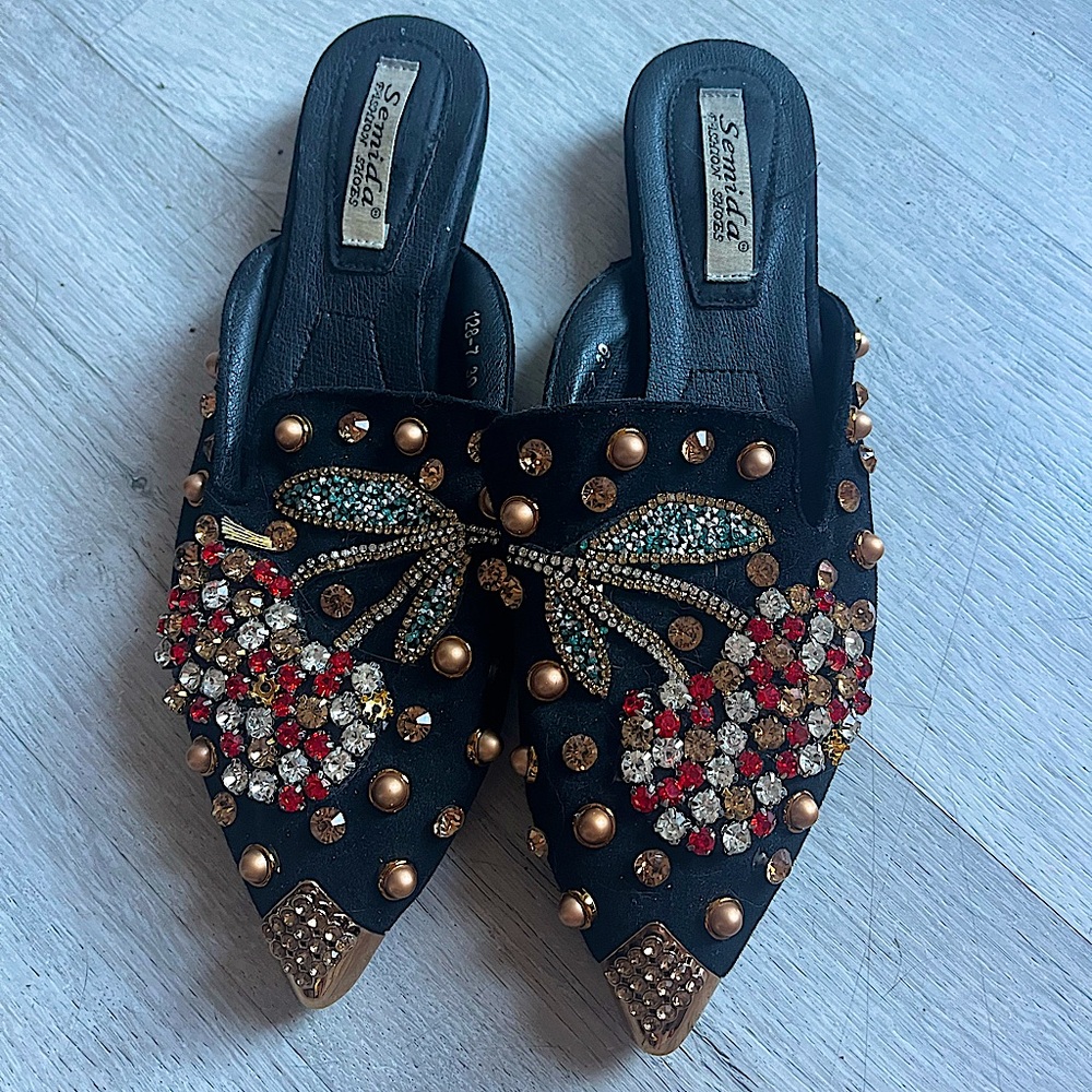 Vintage Semida Rhinestone Flower Flat Mule Shoes